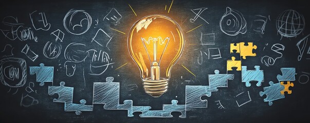 Fototapete - A light bulb illustration on a blackboard with jigsaw puzzle steps beneath it, representing the journey of developing new ideas and creativity