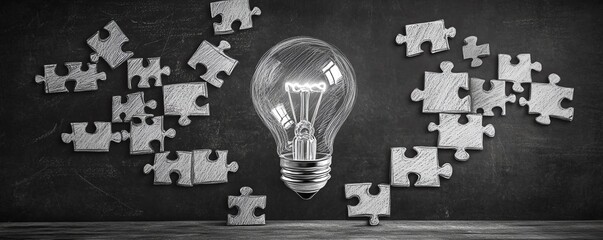 Fototapete - A light bulb sketch on a blackboard with a jigsaw puzzle forming steps, symbolizing the gradual process of generating and developing new ideas