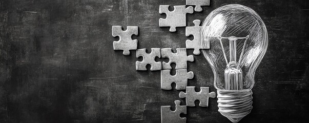Fototapete - A light bulb sketch on a blackboard with a jigsaw puzzle forming steps, symbolizing the gradual process of generating and developing new ideas