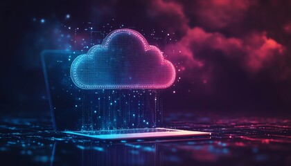 Fototapete - A modern laptop uploading files to a cloud server, symbolizing cloud computing and efficient file sharing across digital networks