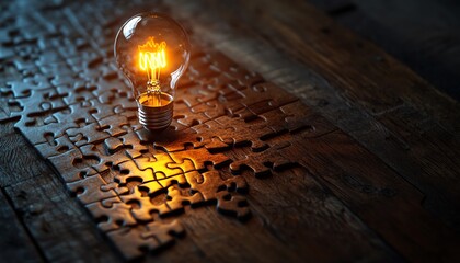 Leinwandbilder - A wooden desk with a partially solved puzzle and a light bulb sketch on the last piece, representing the process of finding solutions and creating ideas