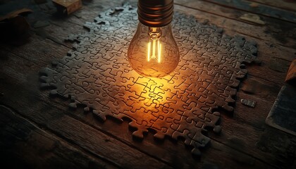Fototapete - A wooden desk with a puzzle in progress, with the last piece featuring a light bulb sketch, symbolizing the breakthrough of idea creation and solution finding