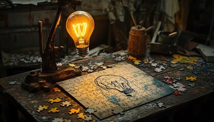 Fototapete - A wooden desk with a puzzle in progress, with the last piece featuring a light bulb sketch, symbolizing the breakthrough of idea creation and solution finding