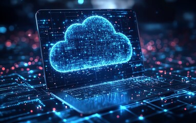 Fototapete - Cloud computing concept with a laptop transmitting data to a cloud server, showcasing the process of sharing files and data storage