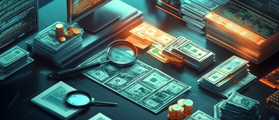 Leinwandbilder - A futuristic digital workspace filled with financial charts, magnifying glasses, and piles of currency, all analyzed by advanced technology