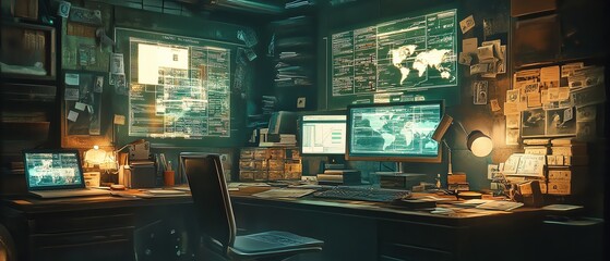 Leinwandbilder - A futuristic digital workspace filled with financial charts, magnifying glasses, and piles of currency, all analyzed by advanced technology