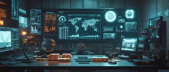 Leinwandbilder - A futuristic digital workspace filled with financial charts, magnifying glasses, and piles of currency, all analyzed by advanced technology