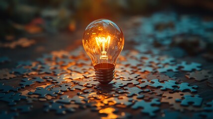 Fototapete - Brainstorming and idea generation with a light bulb drawn on a puzzle, puzzle pieces on a wooden desk, illustrating the process of innovation