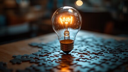 Fototapete - Brainstorming and idea generation with a light bulb drawn on a puzzle, puzzle pieces on a wooden desk, illustrating the process of innovation