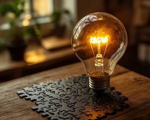 Fototapete - Brainstorming ideas with a light bulb drawn on a puzzle, surrounded by puzzle pieces on a wooden desk, representing the formation of new ideas