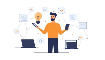 Poster - Business network technology with a man holding a lightbulb and smartphone, surrounded by laptops and a connected computer network, symbolizing digital solutions