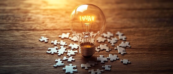 Fototapete - Creative process represented by a light bulb drawn on a puzzle, with puzzle pieces on a wooden desk, symbolizing idea creation and problemsolving