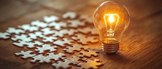 Fototapete - Creative process represented by a light bulb drawn on a puzzle, with puzzle pieces on a wooden desk, symbolizing idea creation and problemsolving