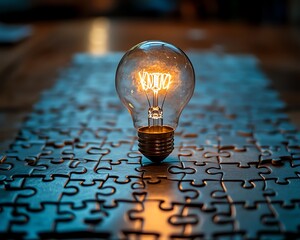 Fototapete - Creative thinking and idea generation with a light bulb on a puzzle, puzzle pieces on a wooden desk, symbolizing the connection of ideas