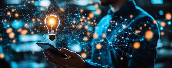 Poster - Digital business network technology with a man holding a lightbulb and smartphone, surrounded by interconnected laptops and a seamless computer network