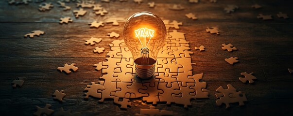 Fototapete - Idea creation concept with a light bulb drawn on a puzzle, puzzle pieces on a wooden desk, representing the building blocks of innovation and creativity