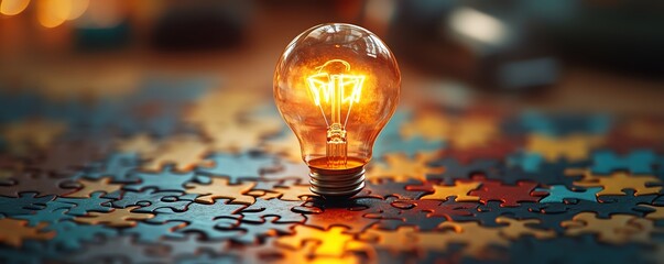 Fototapete - Idea creation concept with a light bulb drawn on a puzzle, puzzle pieces on a wooden desk, representing the building blocks of innovation and creativity