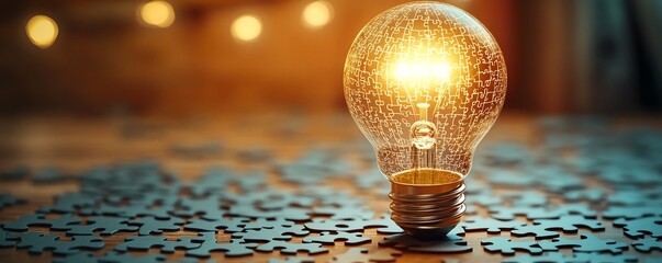 Fototapete - Idea creation concept with a light bulb drawn on a puzzle, puzzle pieces on a wooden desk, representing the building blocks of innovation and creativity