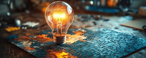 Fototapete - Innovation and creativity with a light bulb sketch on a puzzle, puzzle pieces on a wooden desk, illustrating the journey of idea generation
