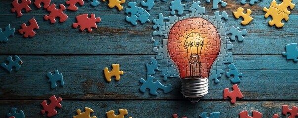 Fototapete - Innovation and creativity with a light bulb sketch on a puzzle, puzzle pieces on a wooden desk, illustrating the journey of idea generation
