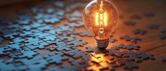 Aufkleber - Innovation and idea creation scene, light bulb sketch on a puzzle with scattered puzzle pieces on a wooden desk, symbolizing creative thinking