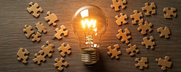 Fototapete - Light bulb symbolizing ideas drawn on a puzzle, puzzle pieces scattered across a wooden desk, representing creativity and problemsolving