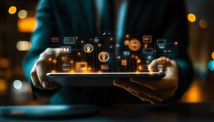 Poster - Ecommerce marketing visual, business person using a tablet computer, network structure, and digital icons representing the techdriven business landscape