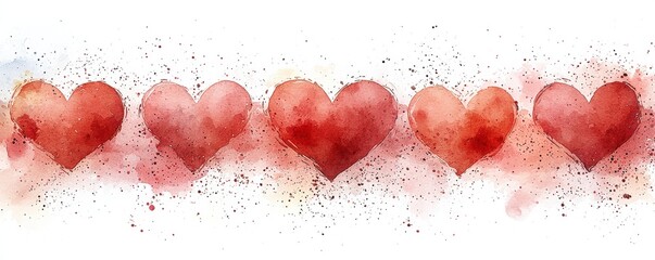 Wall Mural - Watercolor illustration of pink and red hearts with a splatter background