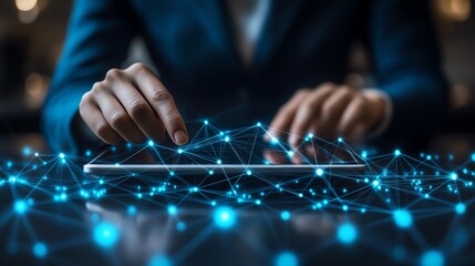 Poster - Business person interacting with a tablet, with network structure and ecommerce icons in the background, symbolizing the intersection of marketing and technology