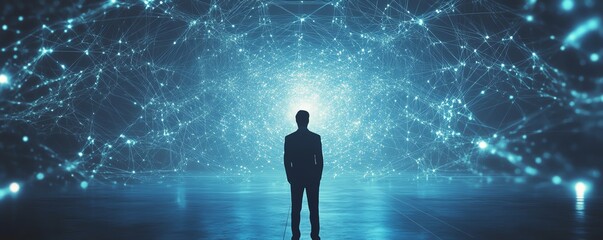 Poster - Businessperson analyzing information from the internet, interacting with a vast digital network structure, symbolizing data analysis and connectivity