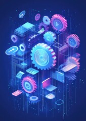 Wall Mural - futuristic isometric gear system with technology elements and blue illumination