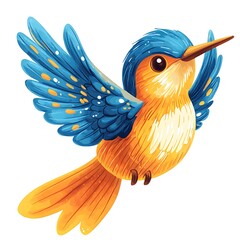 Canvas Print - Whimsical Flying Hummingbird with Blue and Orange Feathers.