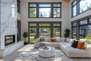 Wall Mural - Modern living room with large windows showcasing a scenic outdoor view, featuring a cozy fireplace and stylish decor