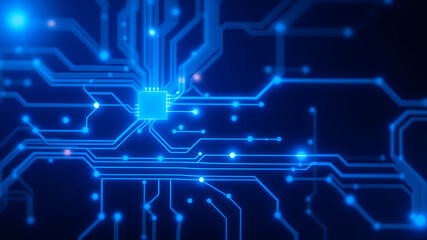 A close-up, abstract view of what appears to be a network of glowing blue lines and a central square or chip