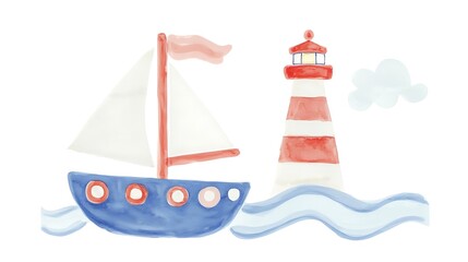 Wall Mural - Watercolor Illustration of a Sailboat and Lighthouse on the Sea