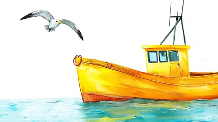 Wall Mural - Yellow Fishing Boat and Seagull in Watercolor Style.