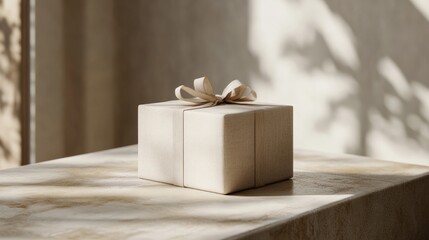 Wall Mural - Simple and elegant blank gift box on a minimalist table, with neutral tones and soft, natural light 