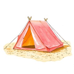 Poster - Watercolor Illustration of a Pink Camping Tent on a Sandy Beach.