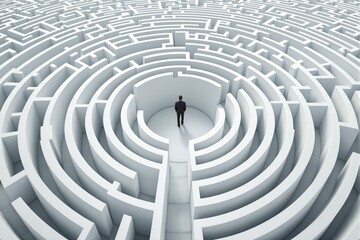 businessman in suit standing in the center of a white circular maze on a light background. concept o