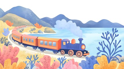 Wall Mural - Whimsical Train Journey by the Sea A Children's Illustration.