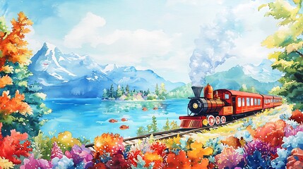 Wall Mural - Watercolor Painting of a Vintage Steam Train Journeying Through a Mountainous Landscape.