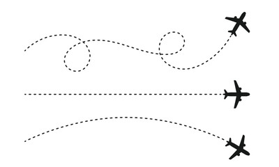 airplane with dotted line route. flying plane with twisted, curved and straight dashed trace path. t