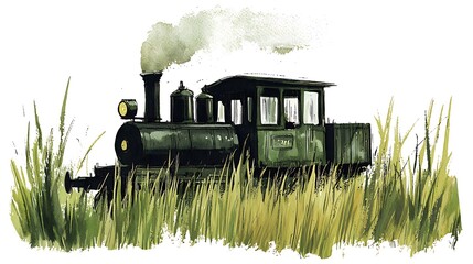 Wall Mural - Vintage Steam Locomotive in Tall Grass - Watercolor Illustration.