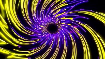 Poster - Abstract swirl of bright neon lights in yellow and purple on black background, creating a dynamic vortex. Futuristic energy and movement concept