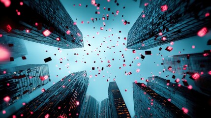 Wall Mural - a cityscape at night with glowing data streams flowing between buildings, symbolizing data driven ur