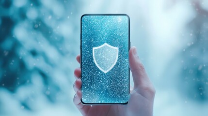 Wall Mural - a hand holding a smartphone with a shield icon protecting data displayed on the screen, symbolizing 