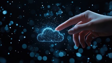 Wall Mural - a hand reaching out to touch a holographic cloud icon, illustrating the intangible nature of cloud b