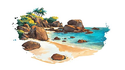 Wall Mural - Serene Tropical Beach Cove with Palm Trees and Rocks.