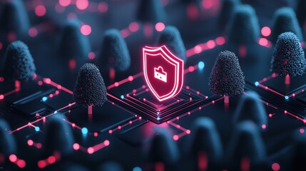 Wall Mural - a glowing shield icon superimposed on a network diagram, representing ai driven cybersecurity system
