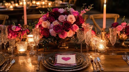 Wall Mural - A romantic table setup featuring a bouquet of pink roses, red hearts, and exquisite silverware, with a warm, inviting glow of candles.